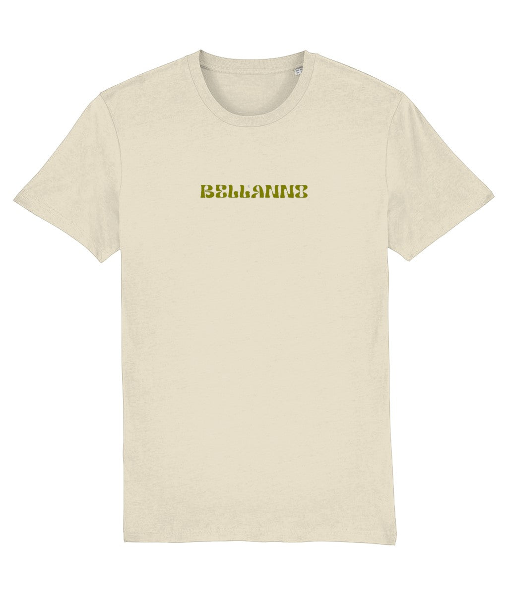 Bellanno Basic Waterfall unisex T-shirt in beige biologisch katoen met olijfgroen logo op de borst.