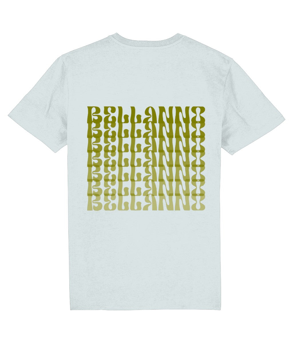 Bellanno Basic Waterfall unisex T-shirt van biologisch katoen met olijfgroene waterval-logo print op de achterkant.