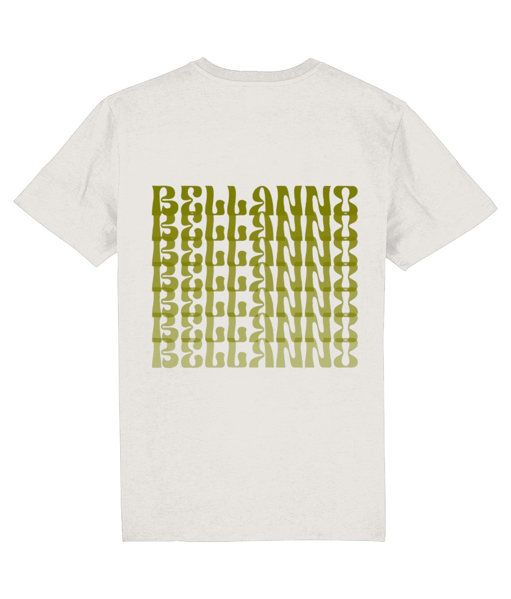 Bellanno Basic Waterfall unisex T-shirt van biologisch katoen in beige met olijfgroene waterval-logo print op de rug.