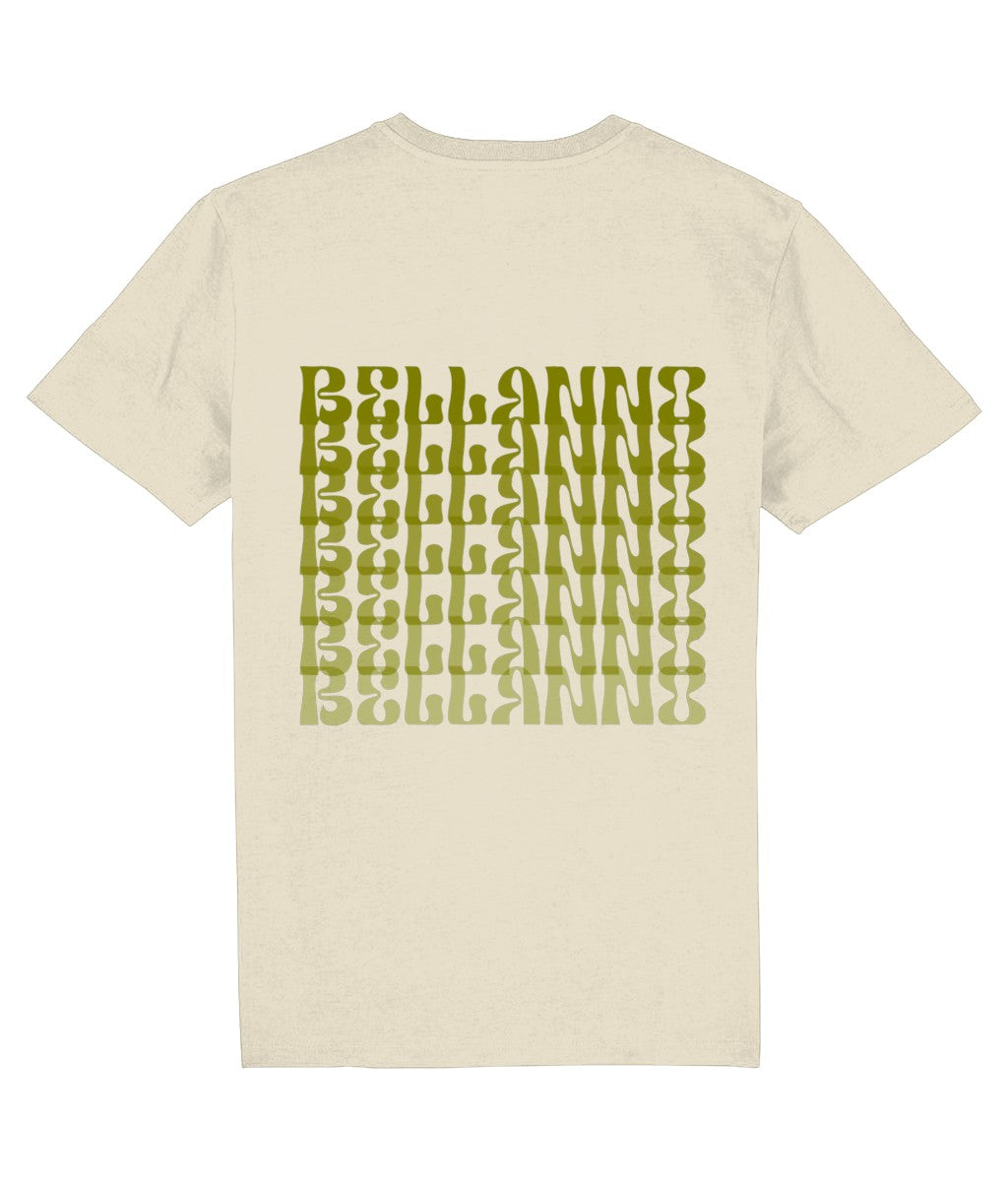 Bellanno Basic Waterfall unisex T-shirt in beige biologisch katoen met olijfgroene waterval logo print op de rug.