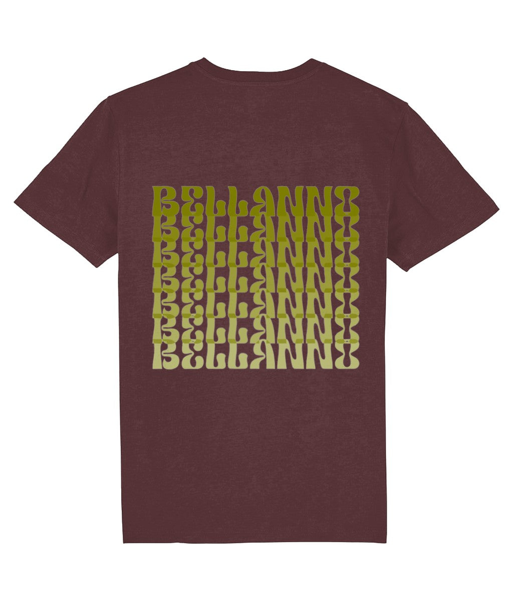 Bellanno Basic Waterfall unisex T-shirt in bordeauxrood biologisch katoen met olijfgroene waterval-logo backprint